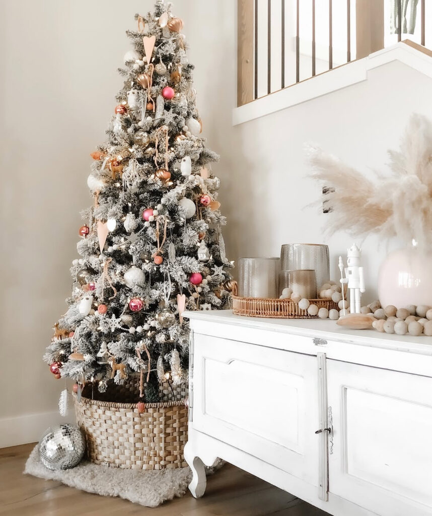 flocked Christmas tree with blush and copper boho ornaments
