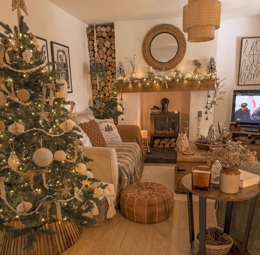 cozy living room with a wood stove and boho Christmas decorations