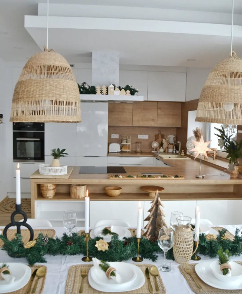 Scandi-inspired kitchen holiday table styled with boho Christmas decor