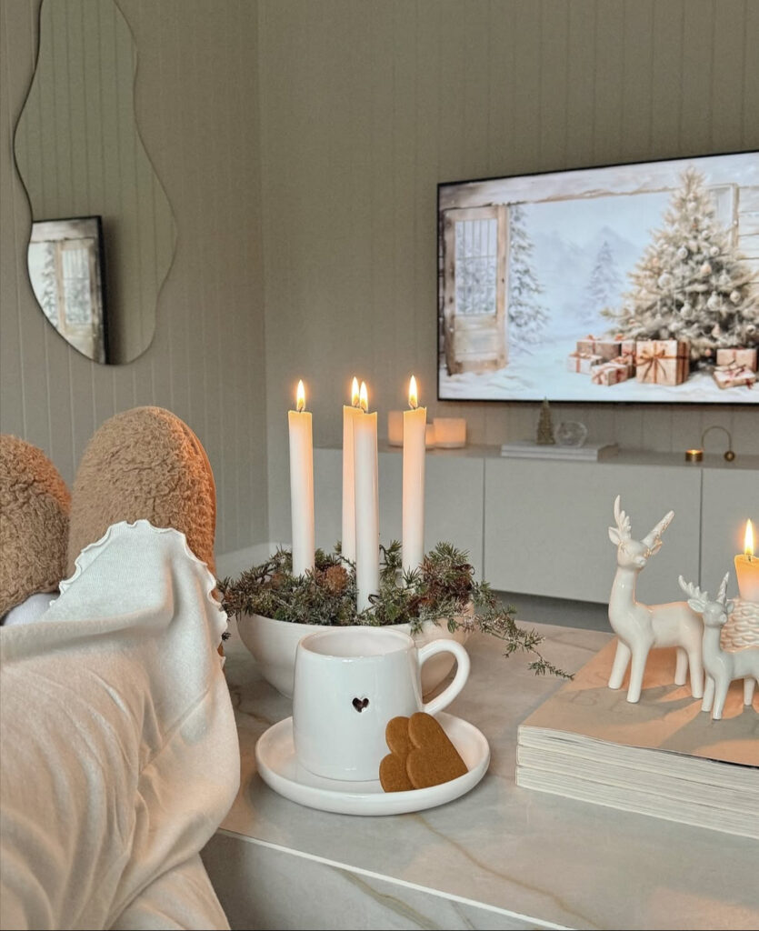 cozy Scandinavian Christmas decor with candles