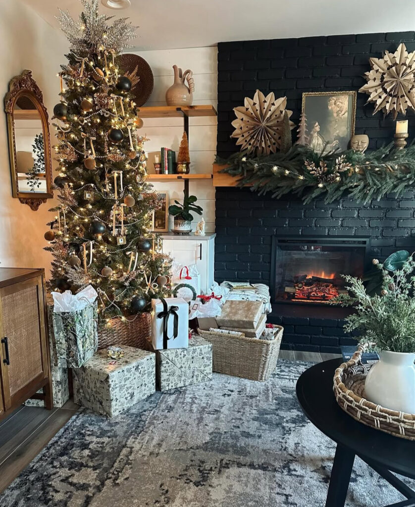 black brick mantel with matte baubles in colorful boho Christmas decor