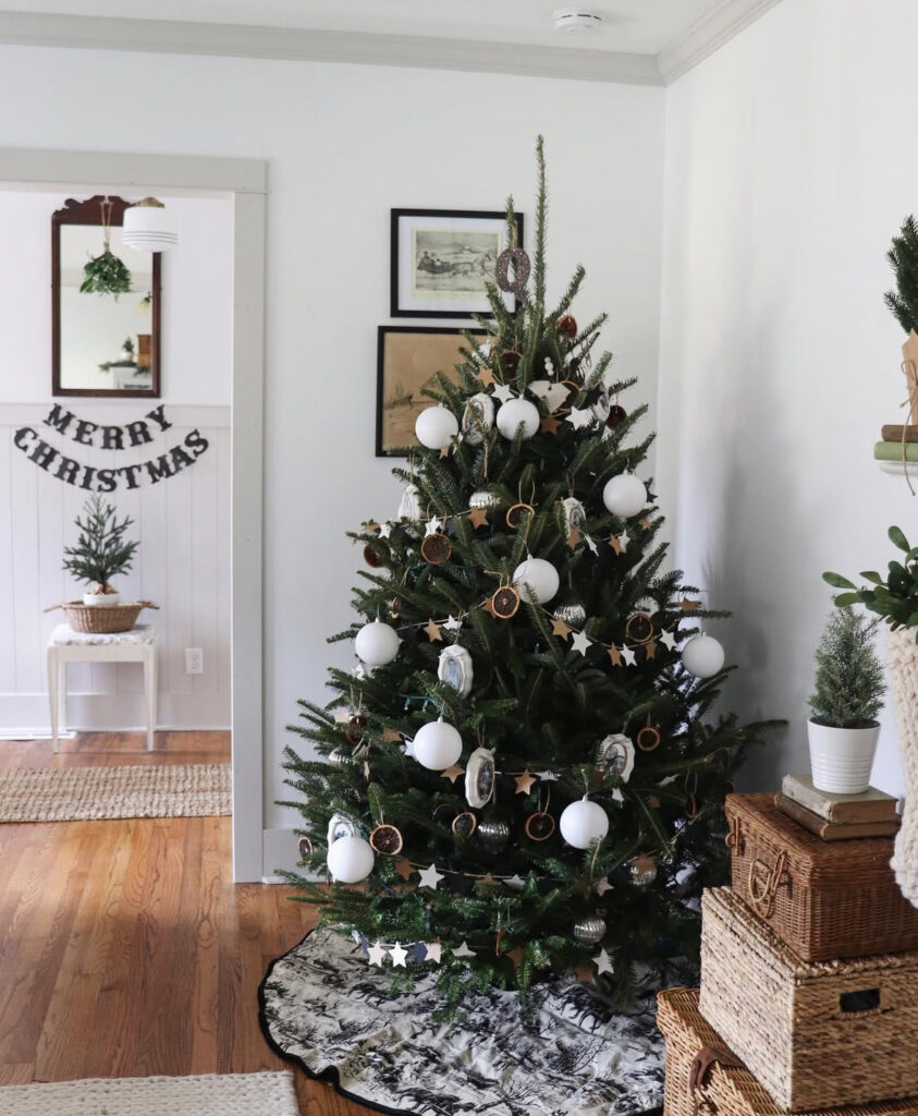 Scandinavian Christmas tree with cottage inspired ornaments