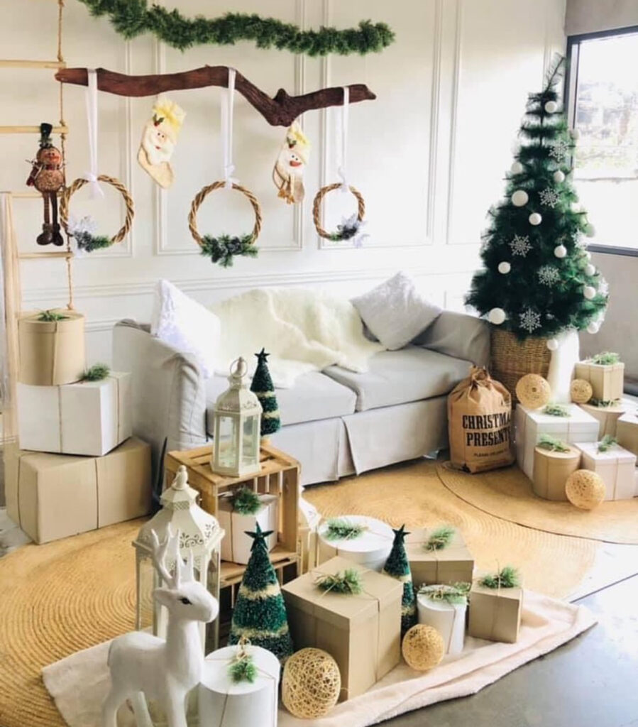 driftwood Scandinavian Christmas decorations on a console