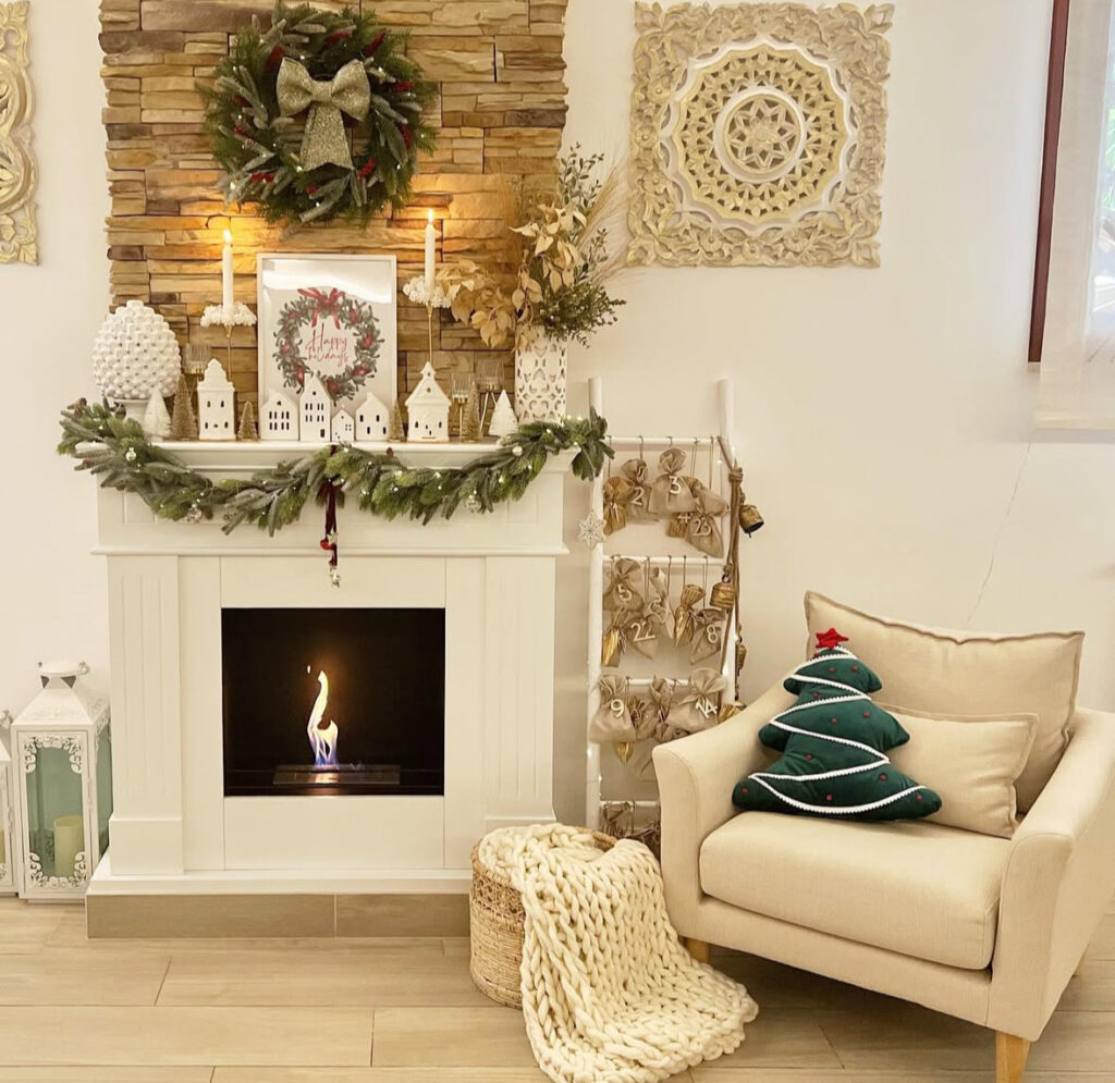 advent ladder and cozy hearth with DIY boho Christmas decor