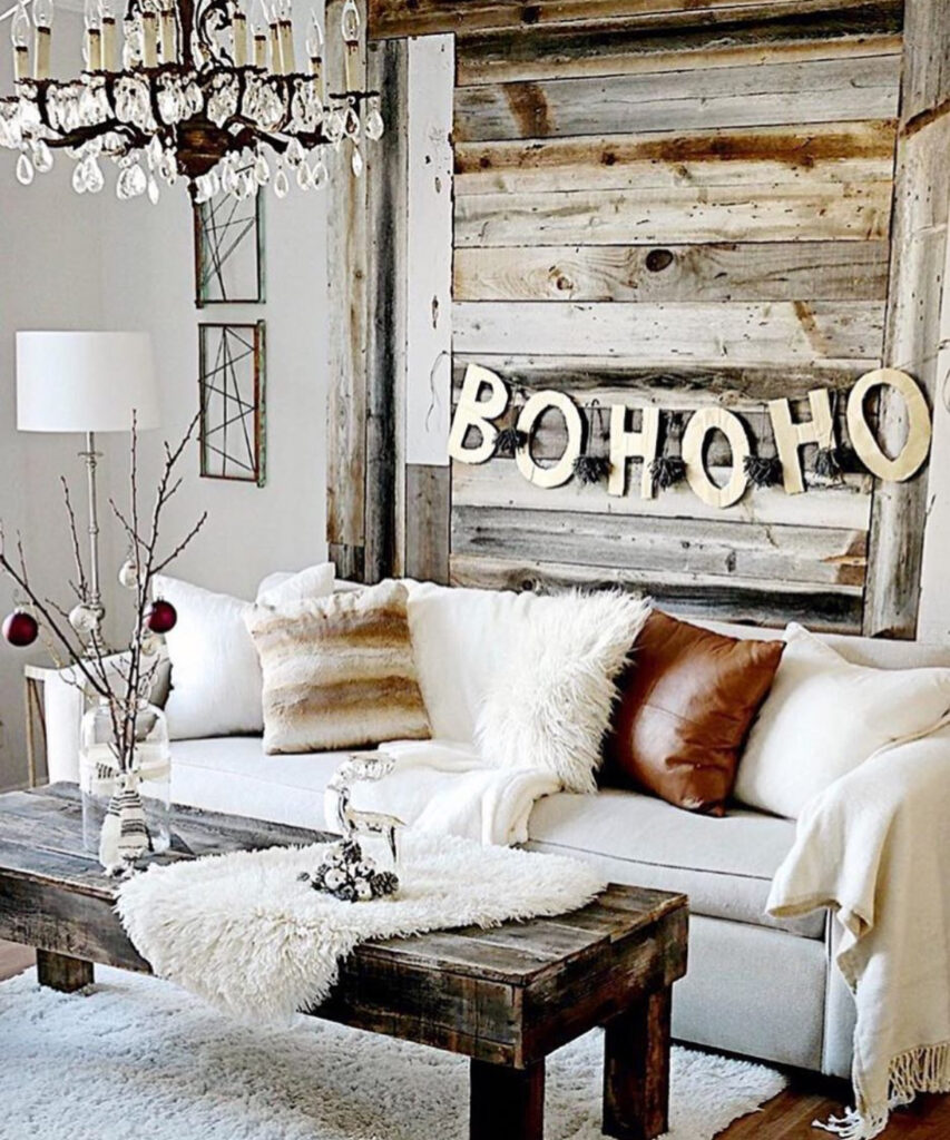 rustic wood wall with handmade boho Christmas banner