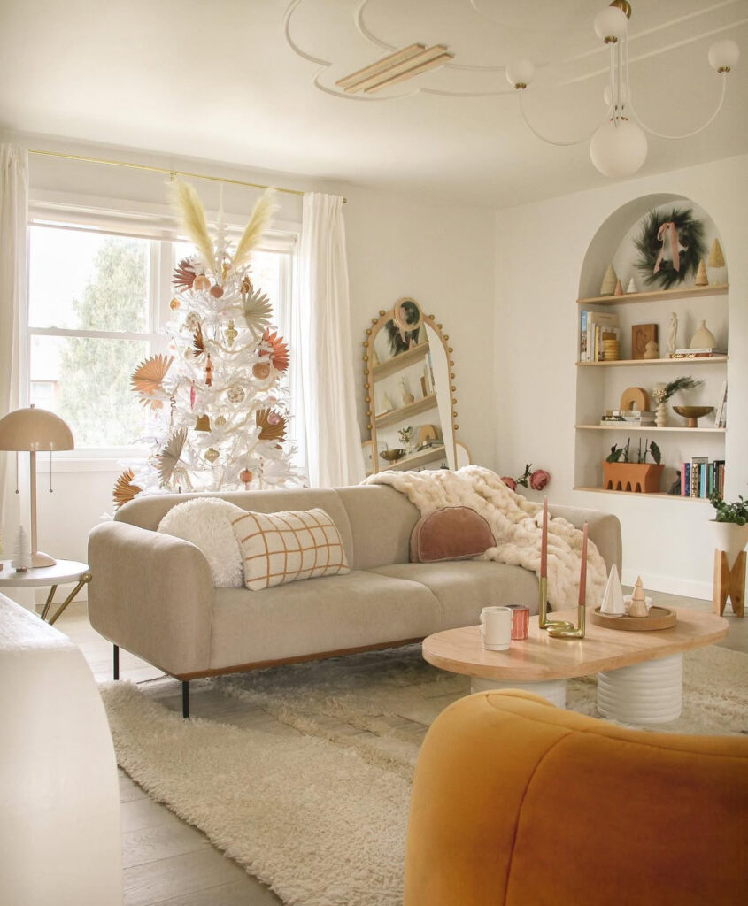 white Christmas tree with paper fans in DIY boho decor