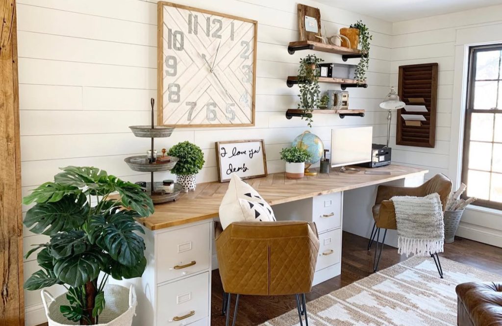 Farmhouse shared workspace with a long desk and neutral décor
