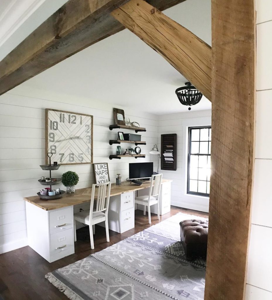 Farmhouse office with turquoise accents and a double workstation setup