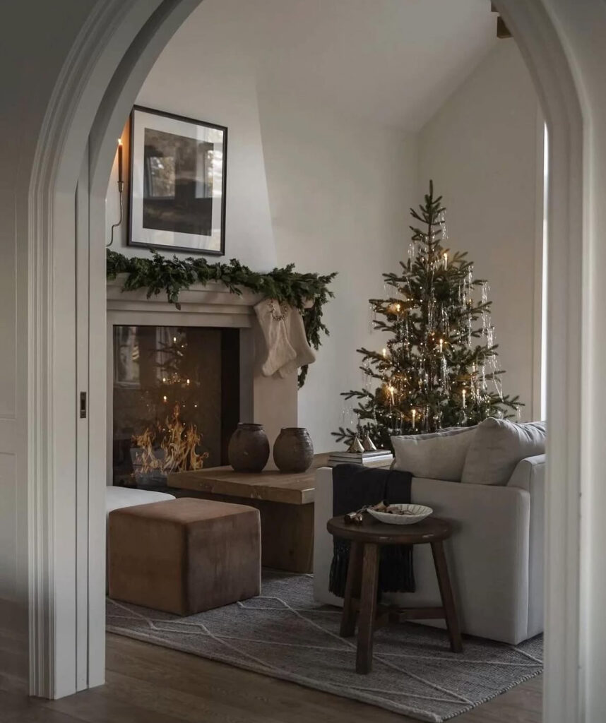 minimalist Scandinavian living room with Christmas decor