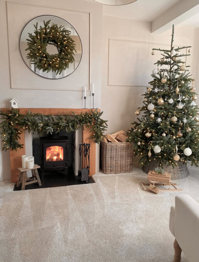 hearth with wreath and garland in Scandinavian Christmas decor