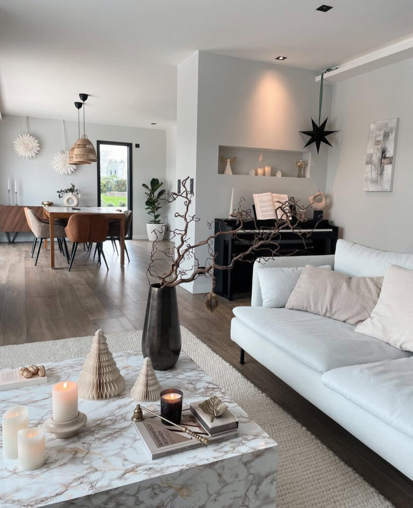 marble coffee table with calm Scandinavian Christmas decor