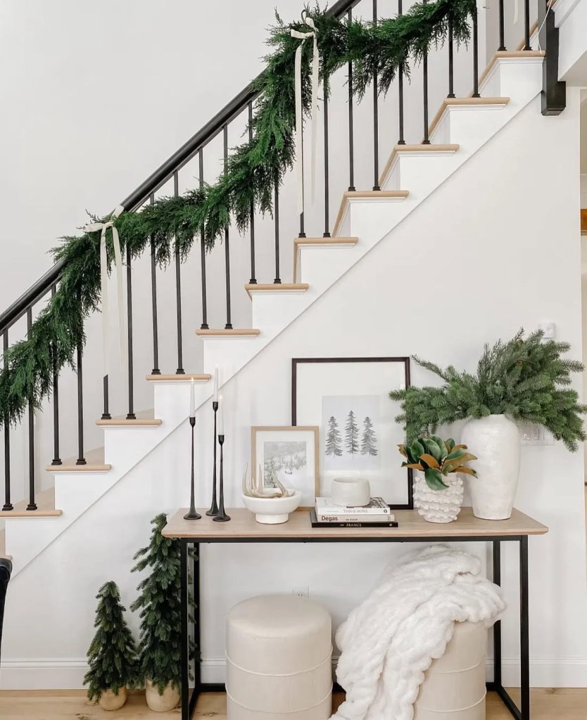 minimalist entryway and staircase with simple garland