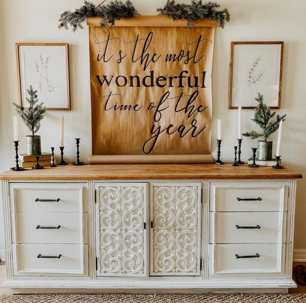 minimalist sideboard with budget friendly Christmas decor
