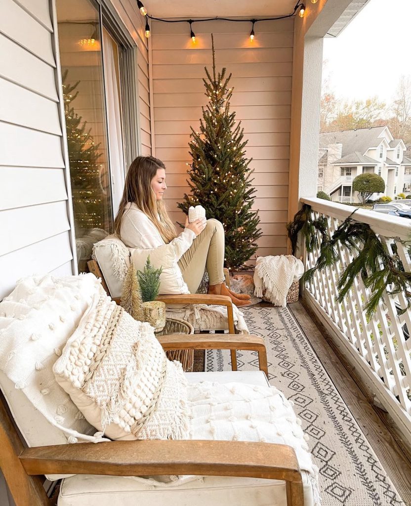 minimalist outdoor balcony with simple Christmas greenery