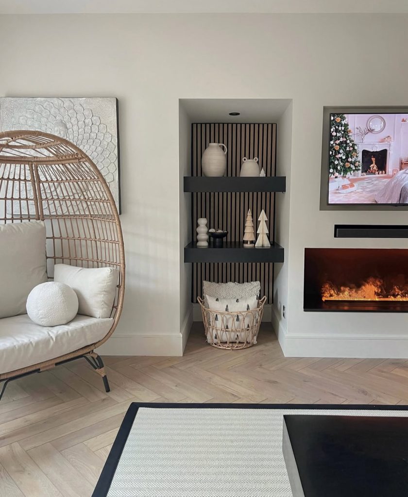 built in shelves with modern minimalist Christmas decor