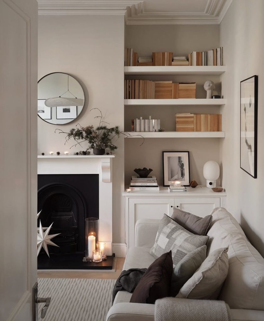 small sitting room with Scandinavian minimalist Christmas decor
