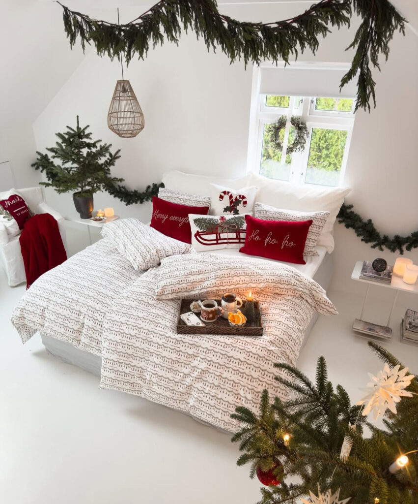 Scandinavian bedroom with minimalist Christmas decorations