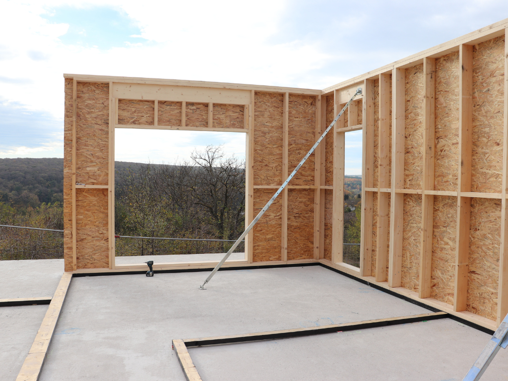 First floor framing showing a large picture-window opening toward the forest, braced OSB walls.
