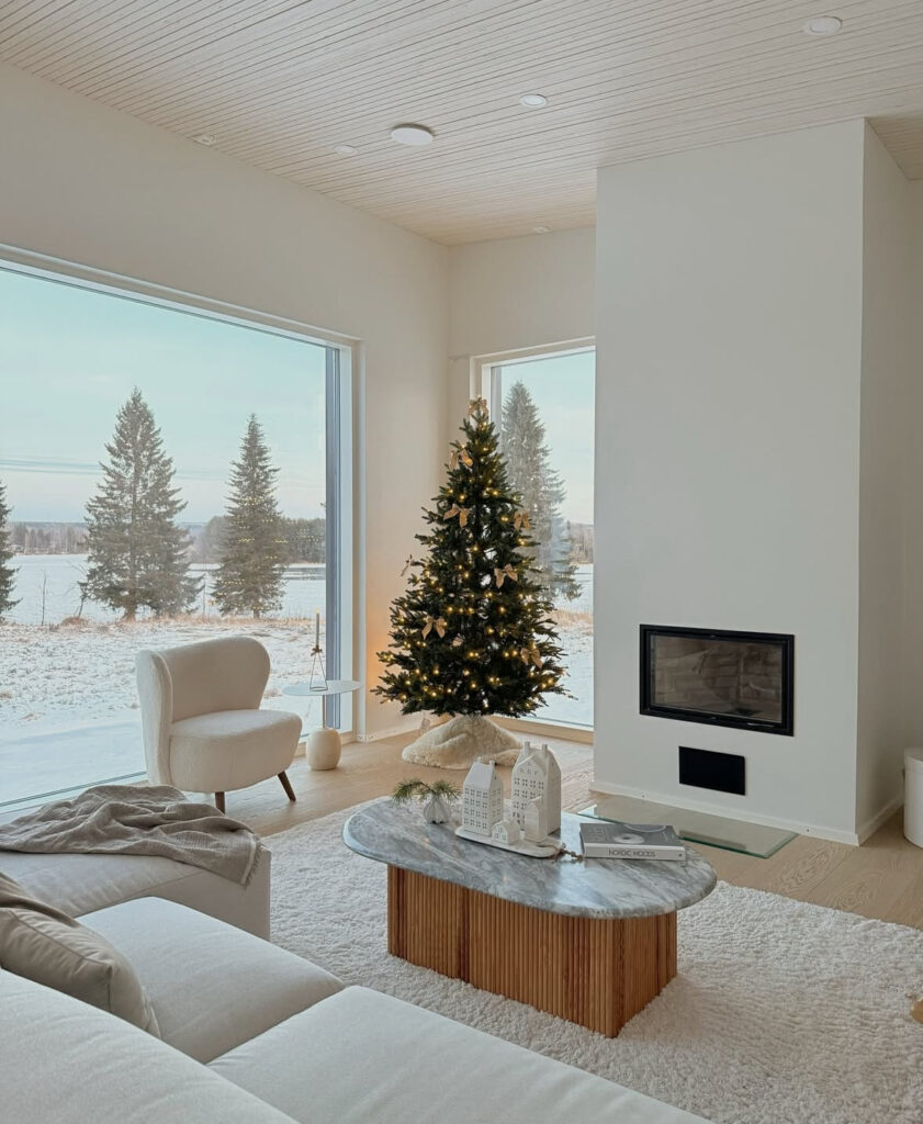 panorama living room with minimalist Scandinavian Christmas decor