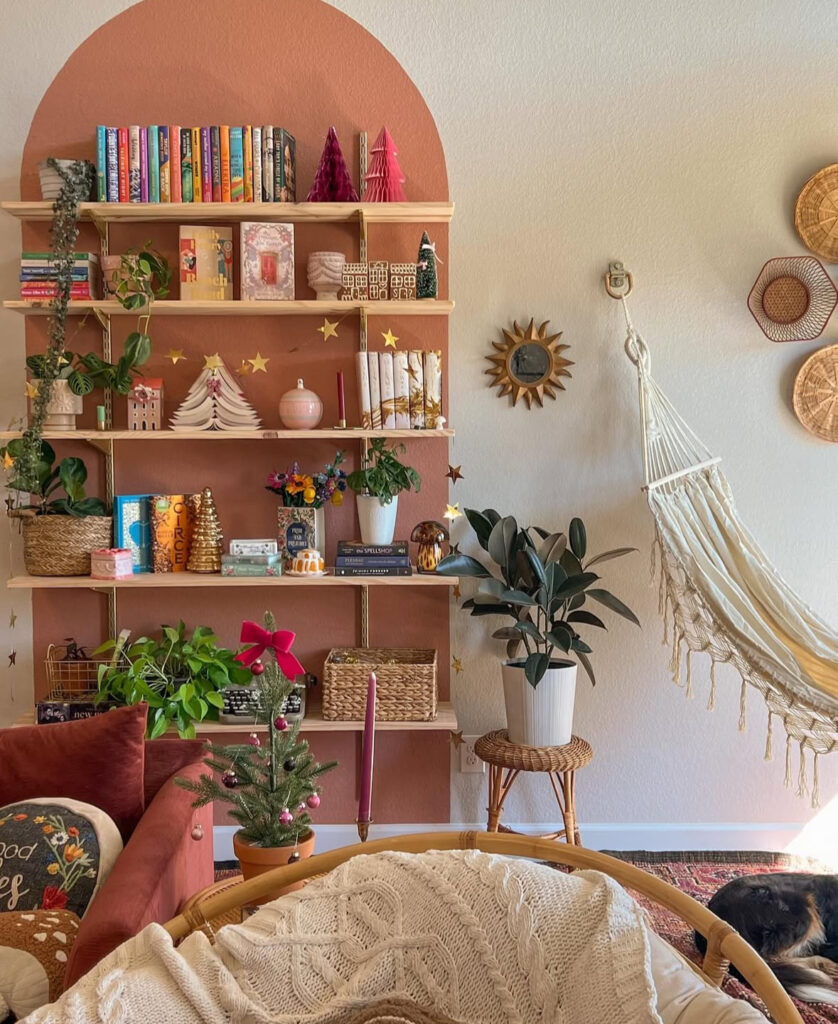 terracotta arch shelf styled with rustic boho Christmas decor
