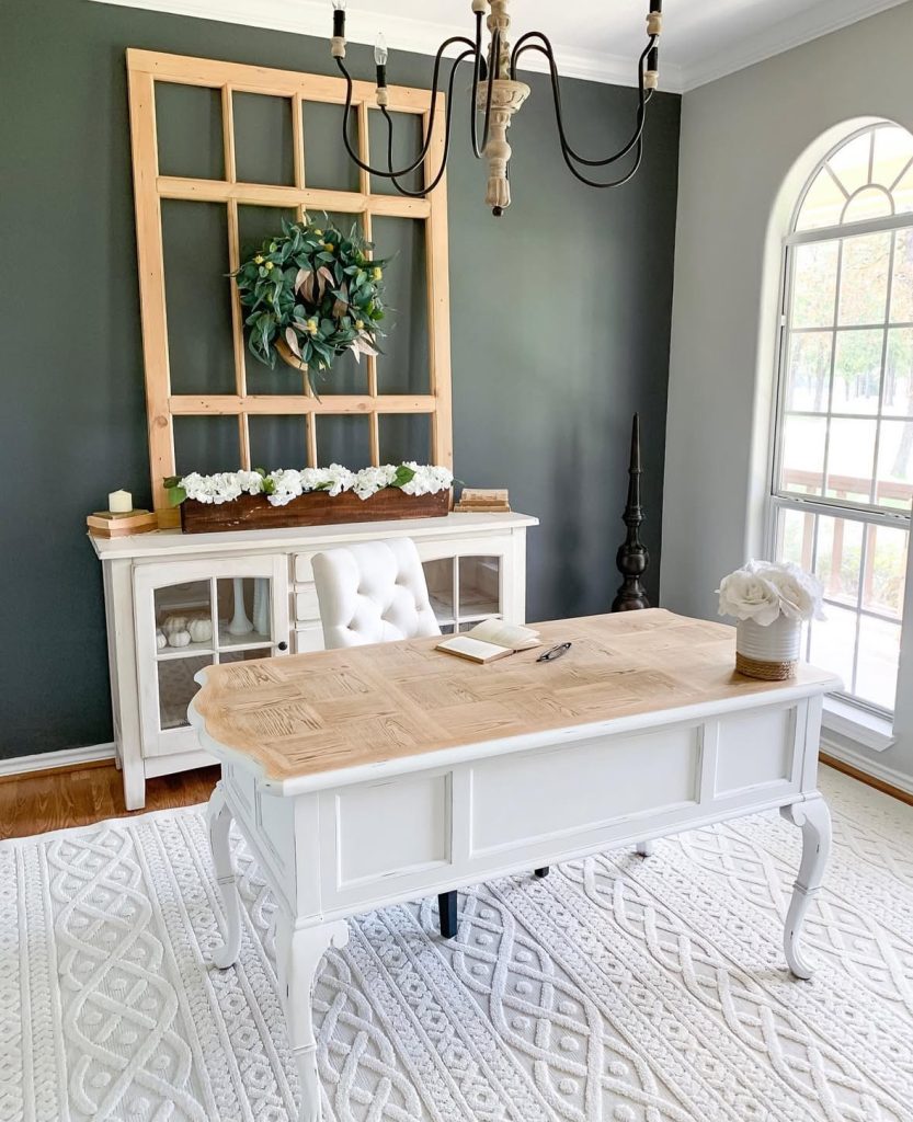 Rustic farmhouse office with a green accent wall