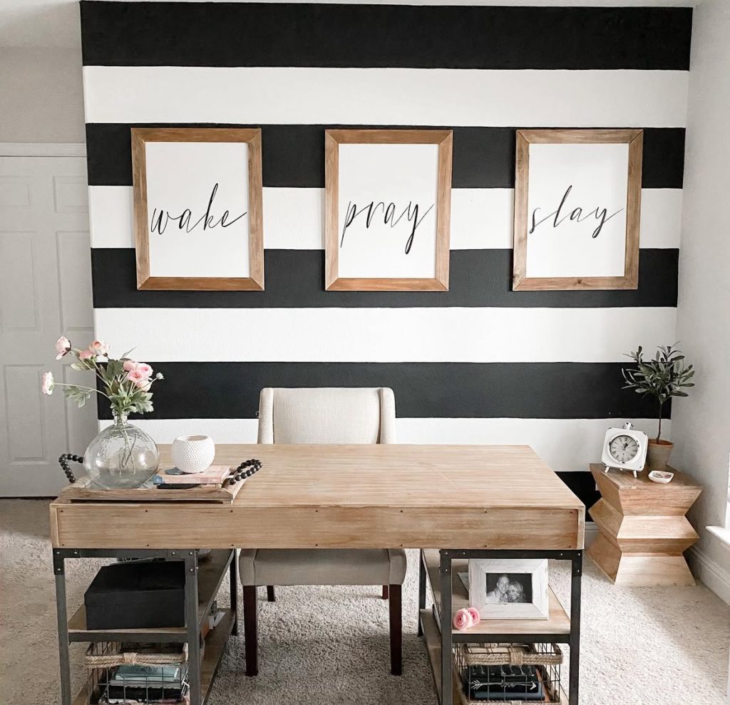 Small farmhouse office featuring a striped feature wall