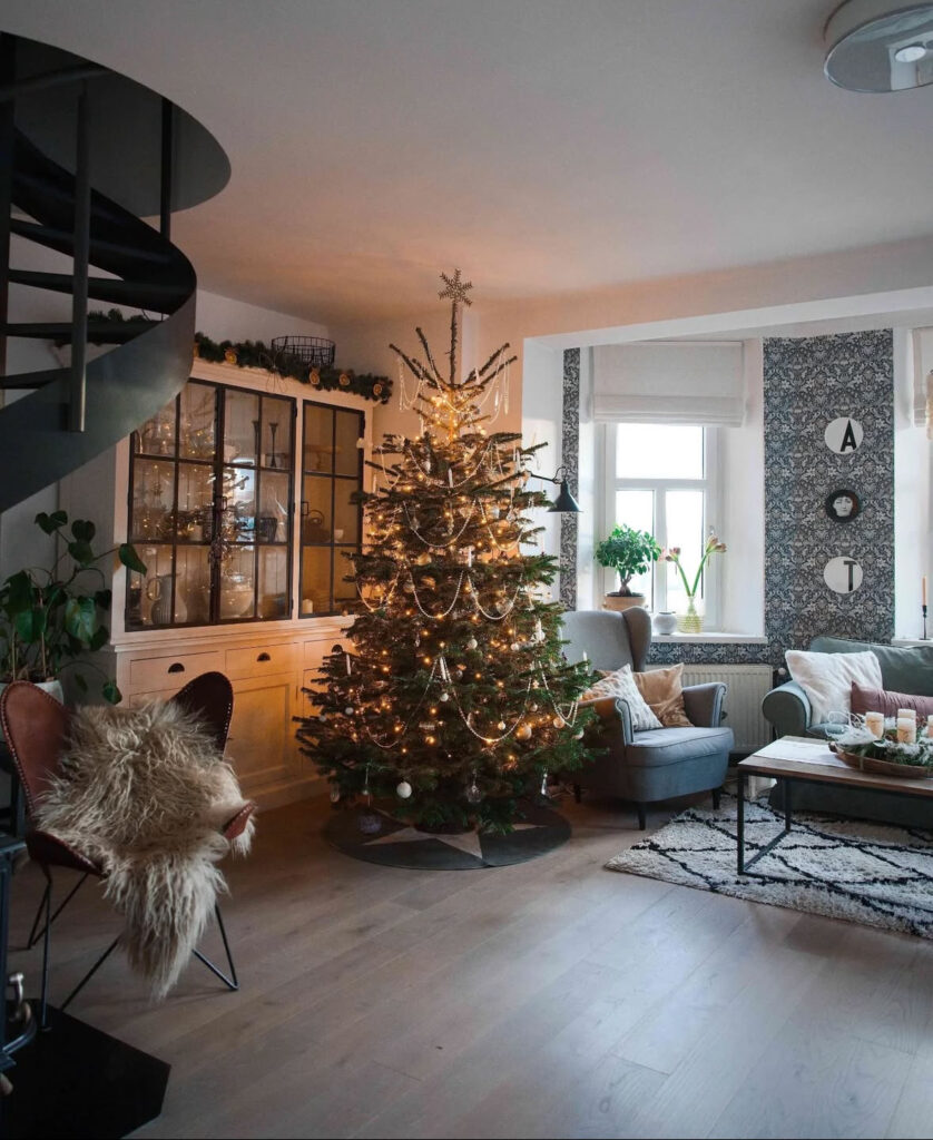 Scandinavian Christmas decor on spiral stair loft