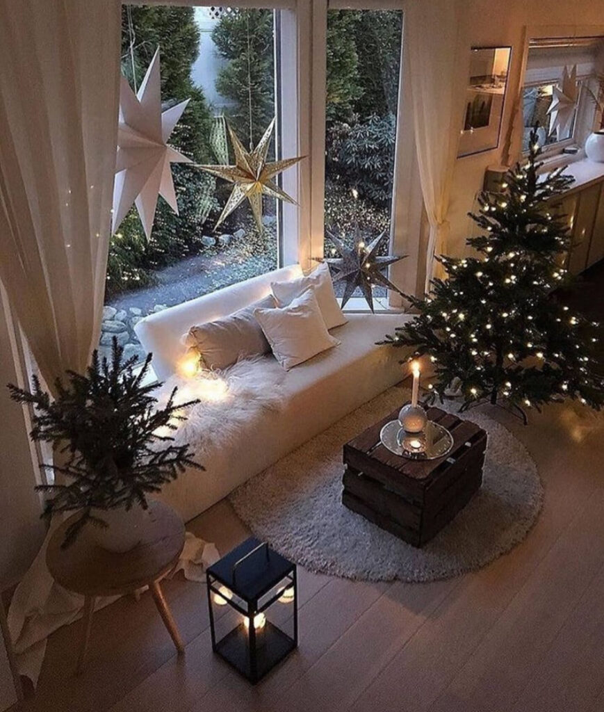 Scandinavian lounge with star decorations at twilight