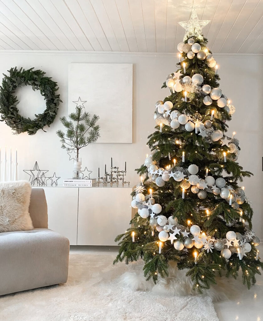 Scandinavian Christmas tree with white ornaments