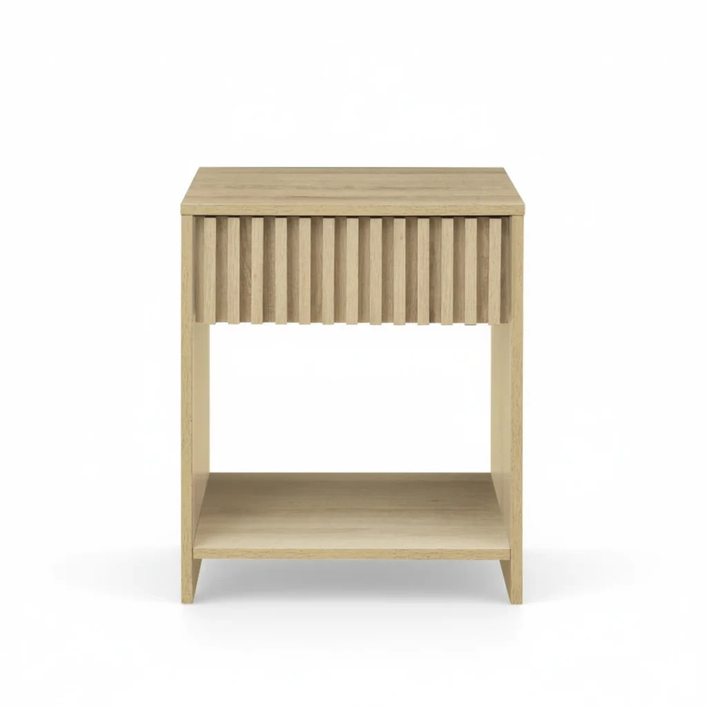 Wood slat nightstand with drawer and open shelf