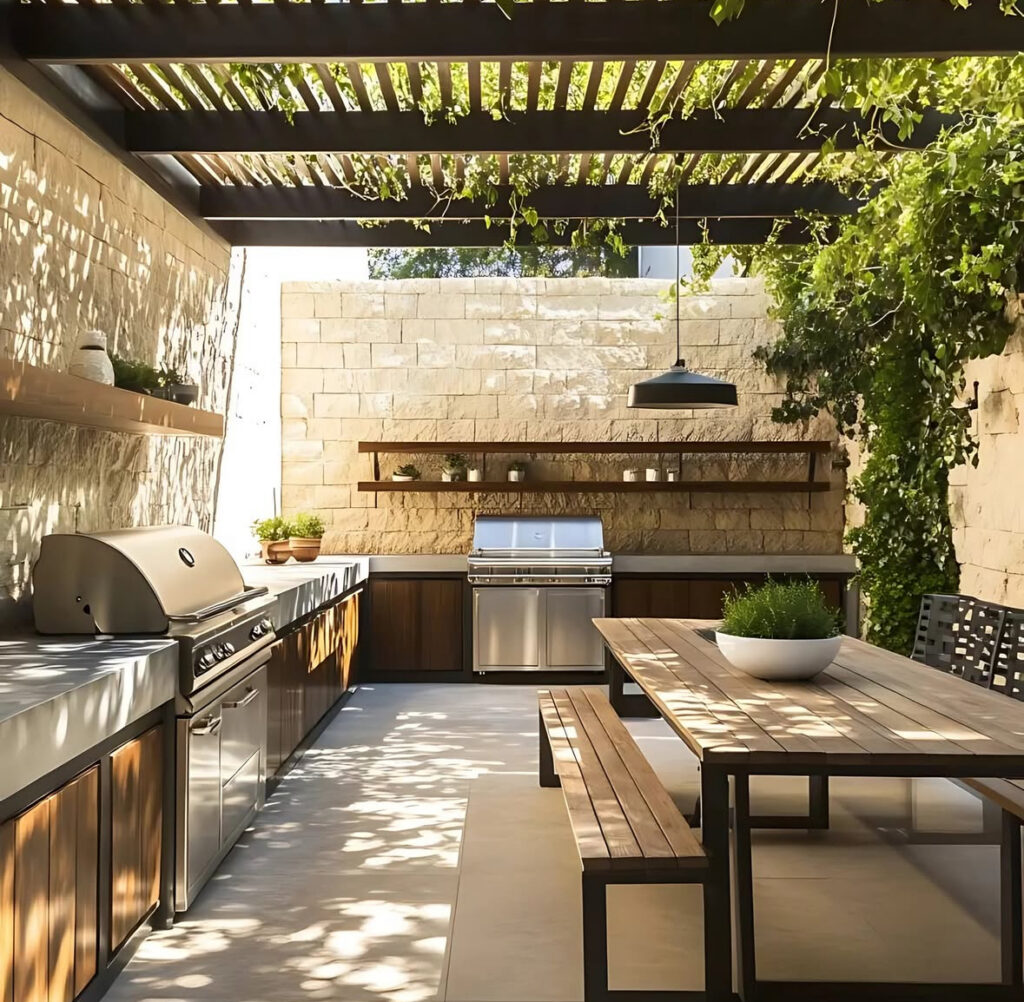 Stone-walled courtyard with slatted pergola, long counters, and dining table draped in vines giving Mediterranean outdoor kitchen ideas