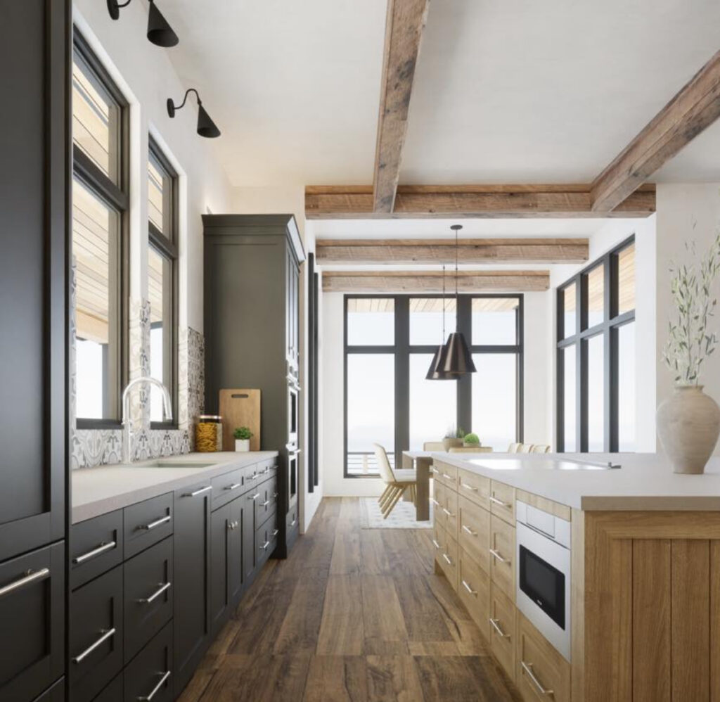 long galley layout wood beams dark cabinets spacious island open concept lake house kitchen