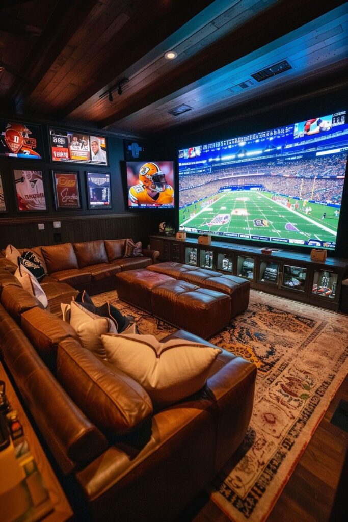 Wraparound leather sofas, multiple sports screens, and a patterned rug embody ultimate sports man cave ideas for big-game viewing.