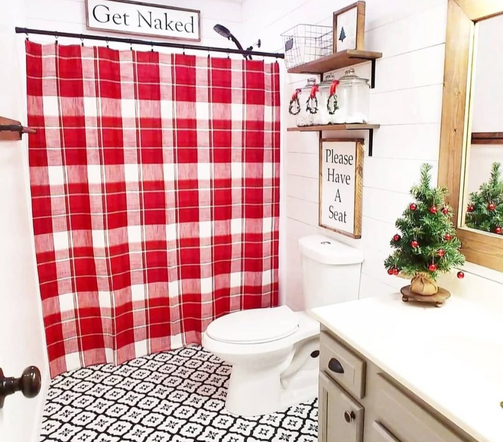 Bathroom shower with buffalo check Christmas decor