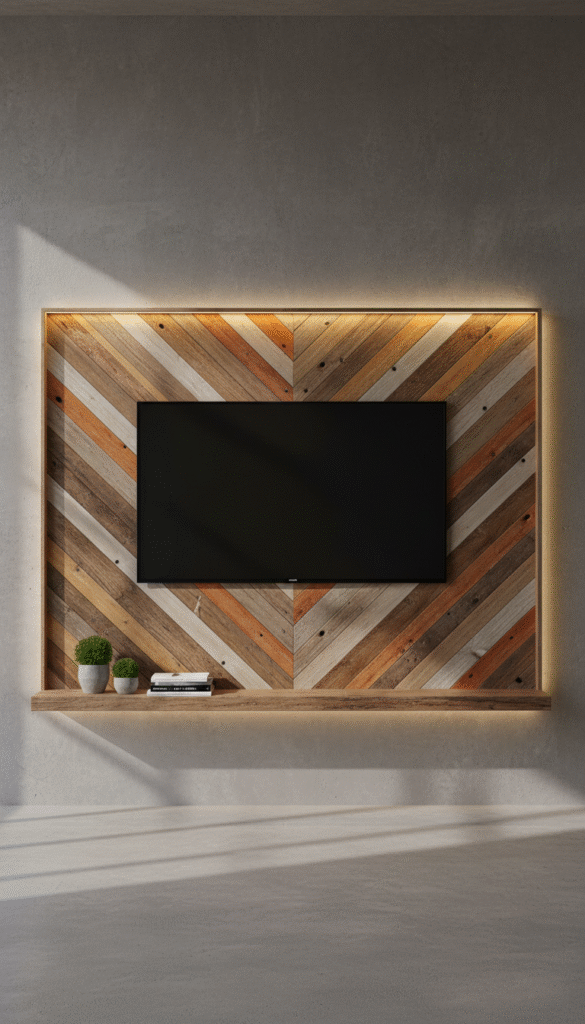 Chevron wood panel with glowing border and slim shelf under the TV delivering striking tv wall ideas for living room setups with modern rustic style.