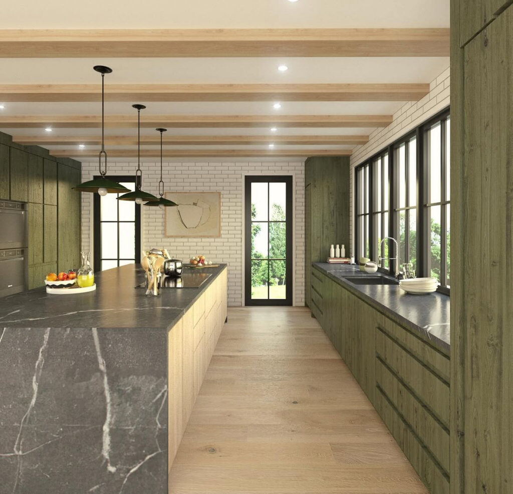 deep green cabinetry black counters white brick walls modern rustic lake house kitchen long sightlines