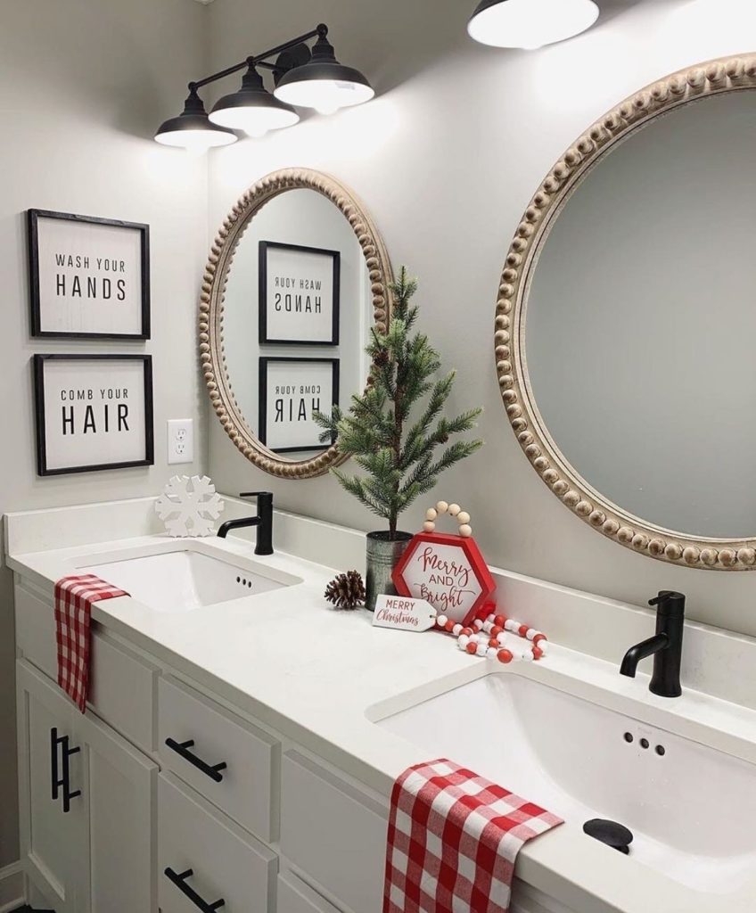 Bathroom with double mirrors and gingham Christmas accents