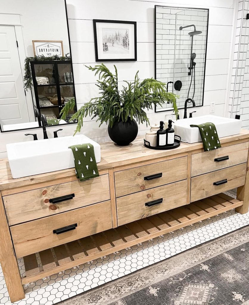 Double vanity bathroom with green Christmas towels