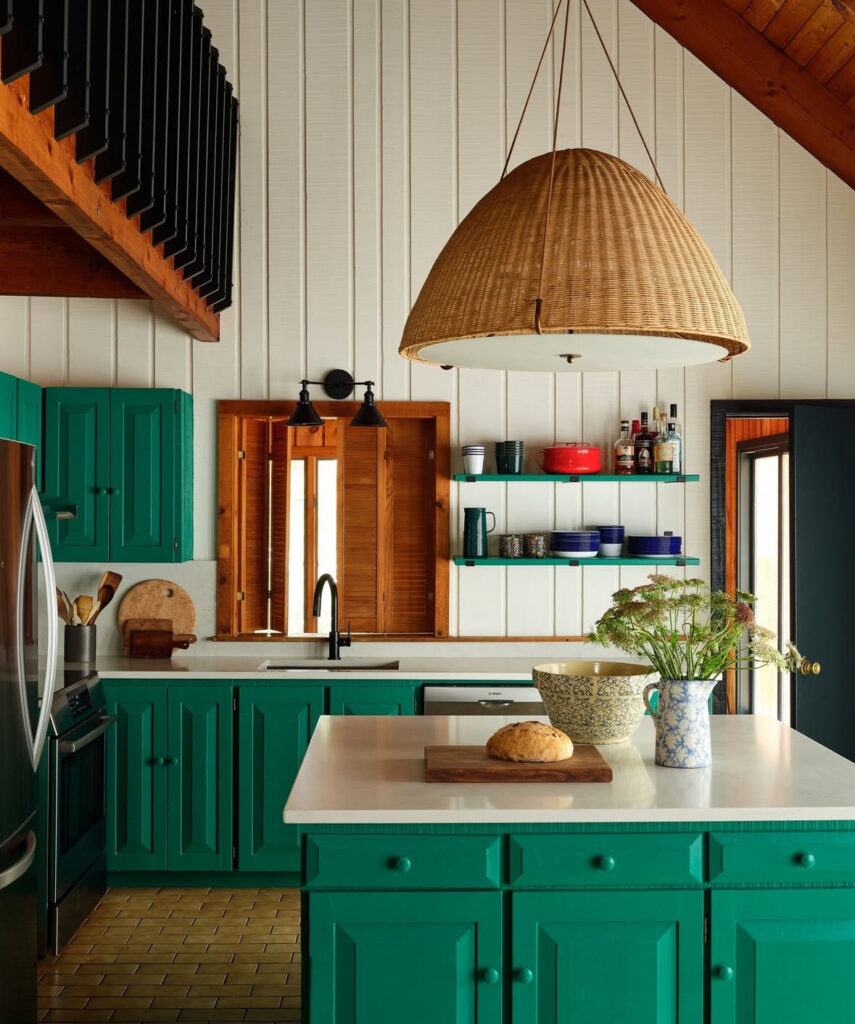 emerald green cabinets wood ceilings giant woven pendant bold rustic lake house kitchen cabin style