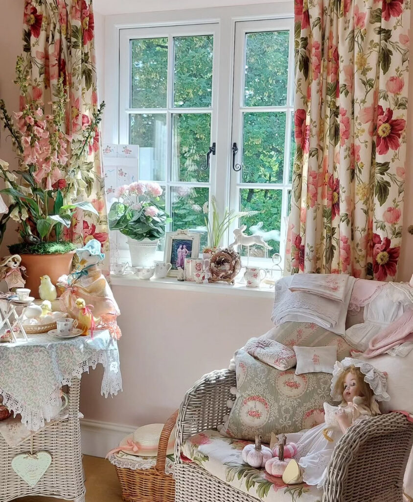Floral window nook with wicker chair, vintage dolls, and tea set sharing shabby chic home decor ideas.