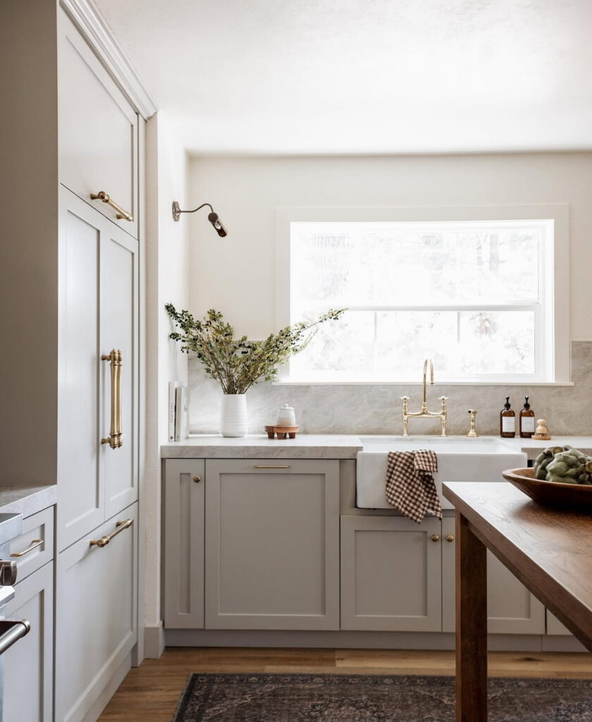 greige cabinets brass hardware farmhouse sink timeless kitchen ideas for lake house remodels