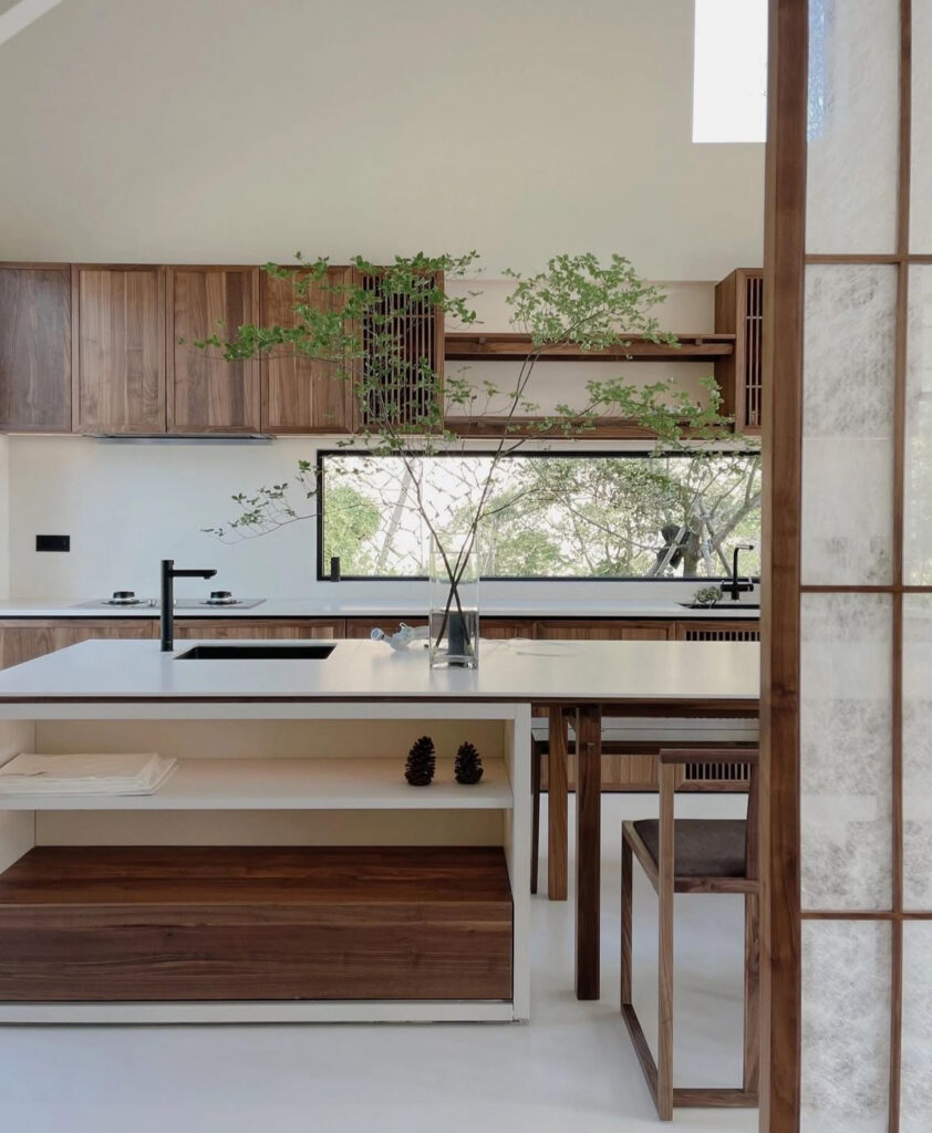 Shoji-inspired backsplash wall in a minimalist Japandi kitchen.