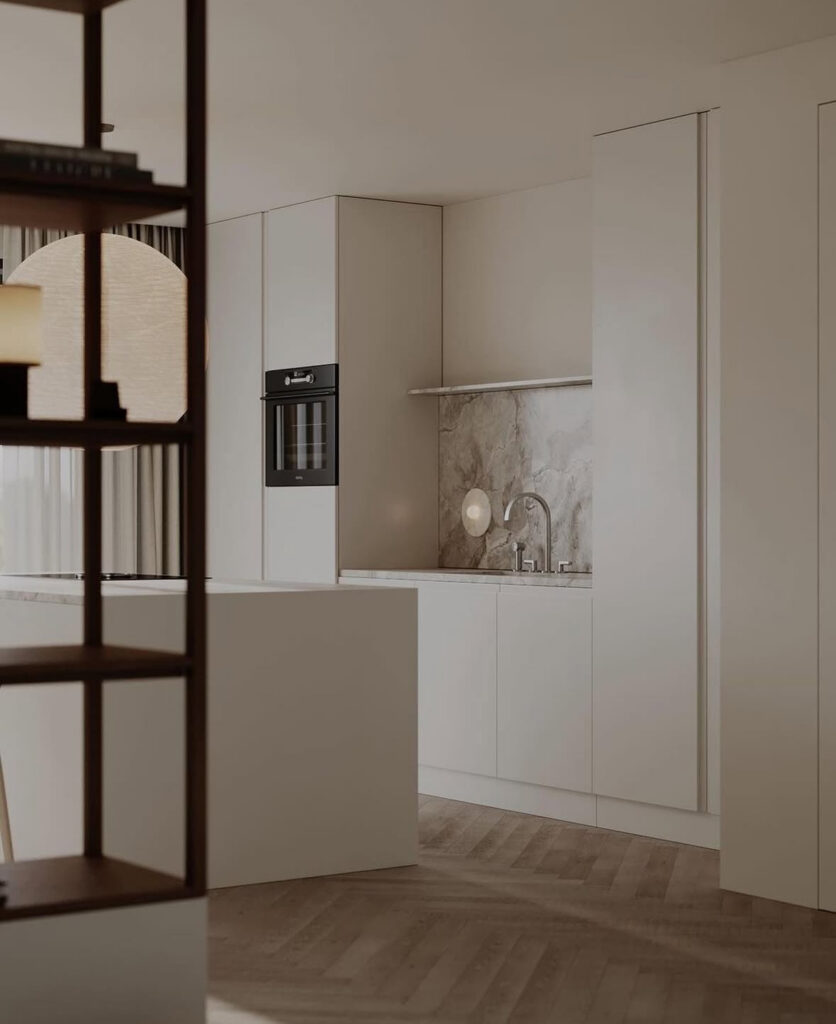 Minimal Japandi kitchen featuring white oak cabinets and open shelving.