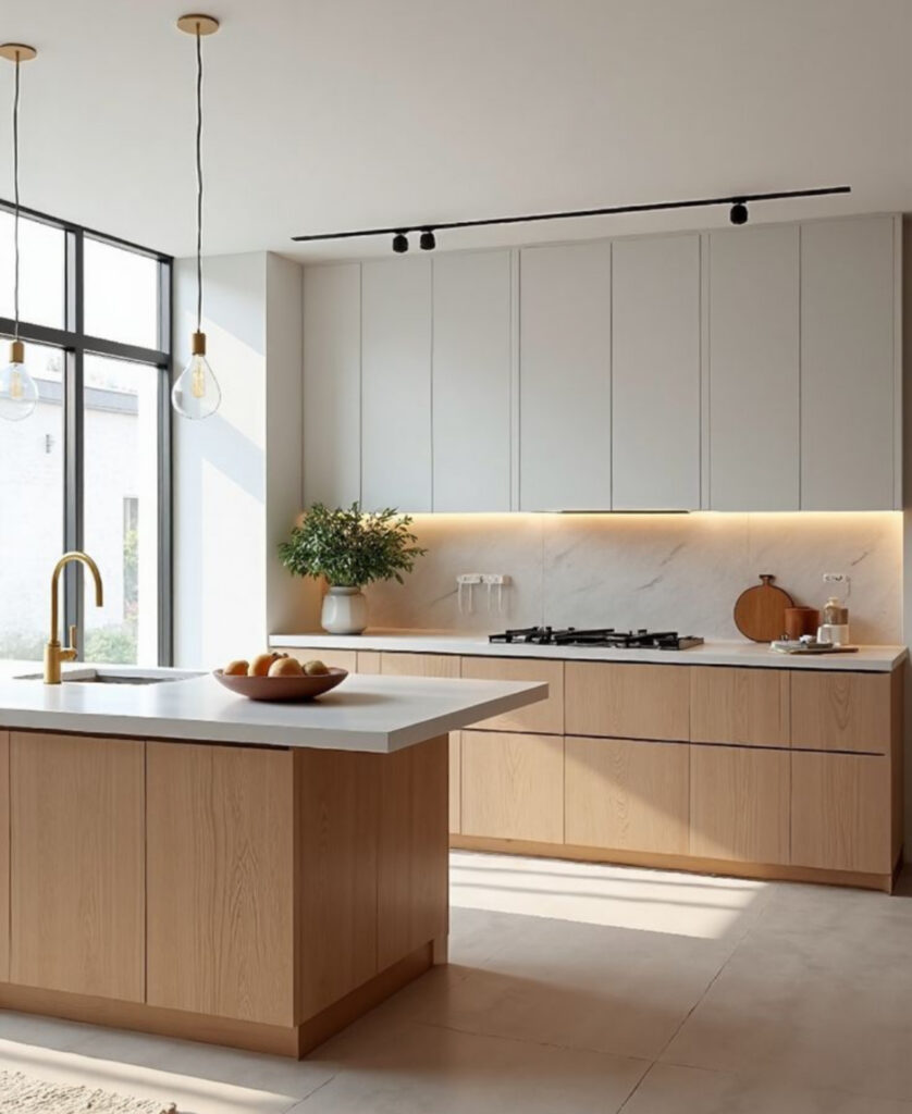 Light-toned Japandi kitchen island accented with soft brass fixtures.