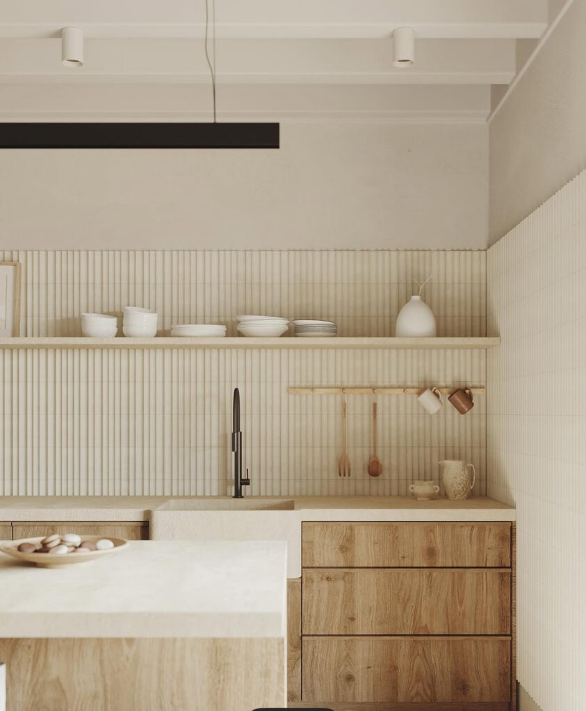 Vertical tile backsplash with an open wood shelf in a Japandi kitchen.
