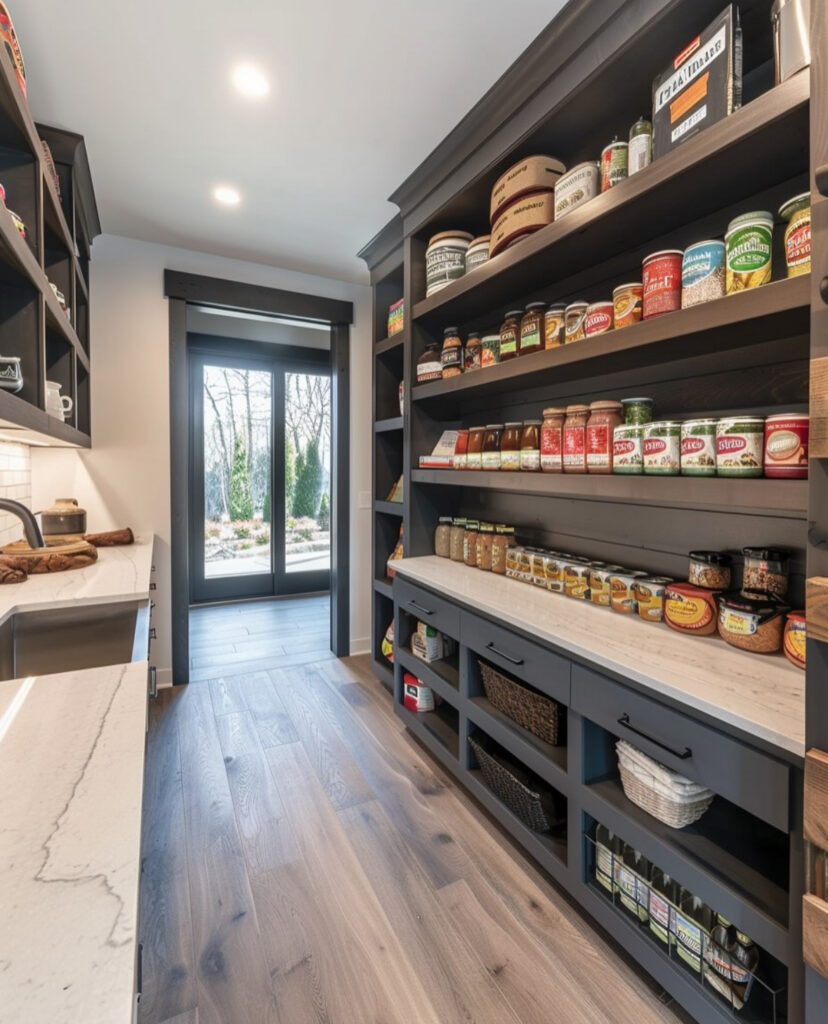 long galley style pantry with floor to ceiling shelves and garden doors creating a bright narrow walk in pantry off the main kitchen