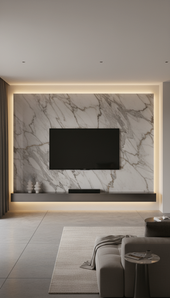 Large marble slab framed by LED lighting with slim floating shelf and centered screen, ultra-minimal living room tv wall design for luxury interiors.