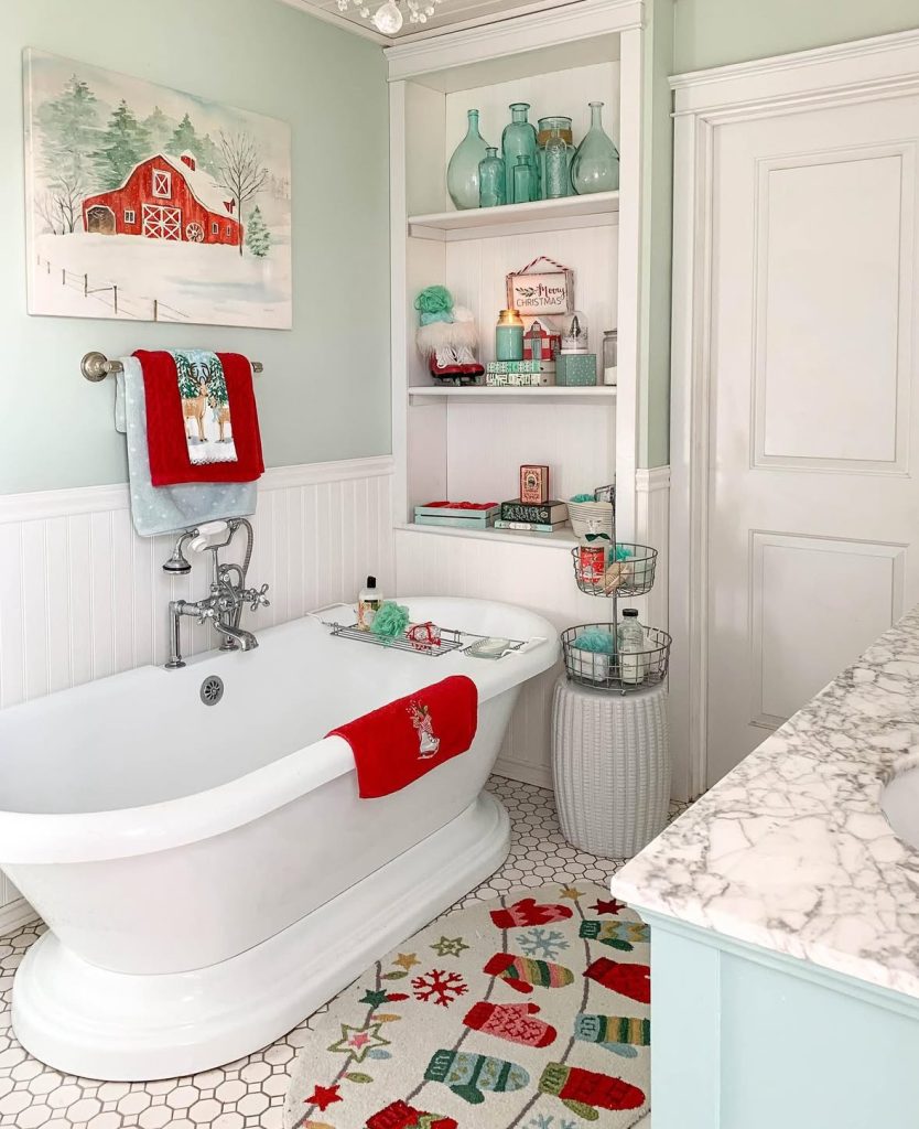 Mint-colored bathroom decorated for Christmas