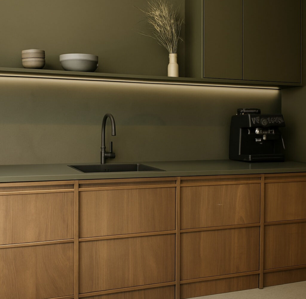 Modern Japandi kitchen with olive wood cabinetry and stone accents.