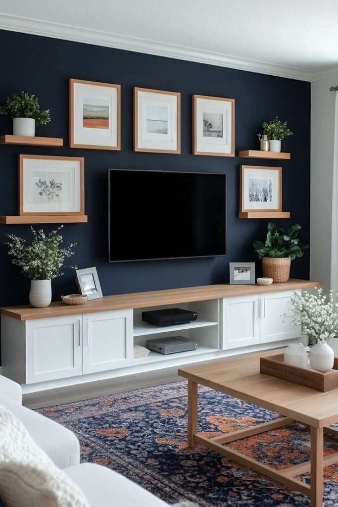 Navy feature wall with framed artwork, greenery, and long white media unit showing charming living room tv wall decor ideas in a family space.